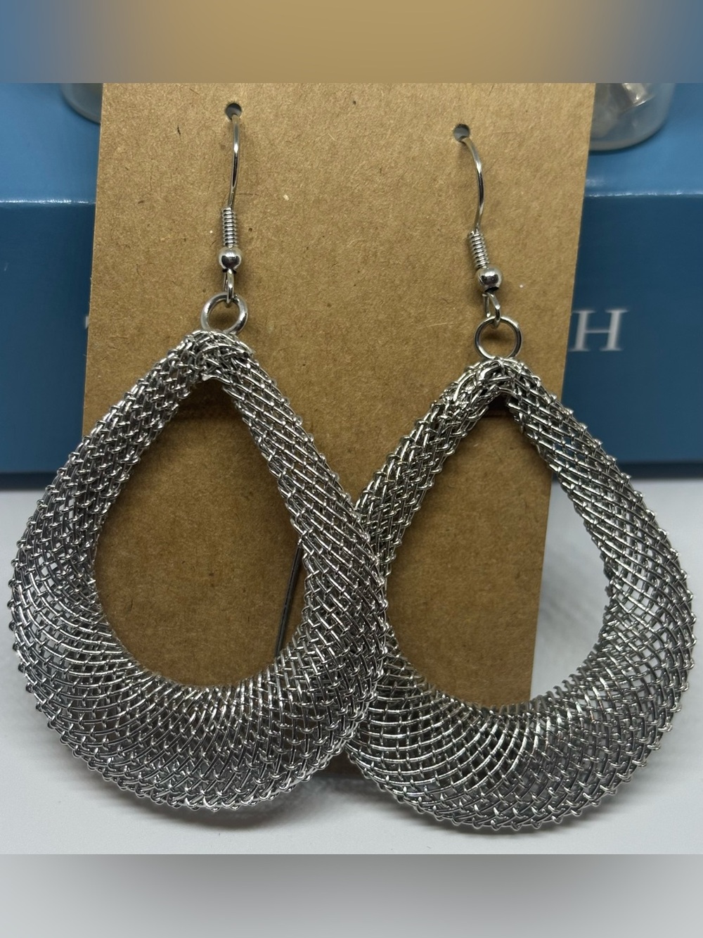 Silver Mesh Teardrop Dangle Earrings Fish Hook Back